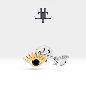 Small Eye Shaped Piercing with Black Diamond Screw Back Tragus Piercing Single Earring in 14K Solid Gold 16G(1.2 mm) | LP00012B
