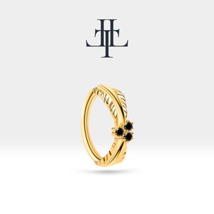Hoop Conch,Leaf Design Black Diamond Clicker Piercing,14K Yellow Solid Gold,16G(1.2mm),12mm Outer Diameter, LC00004B