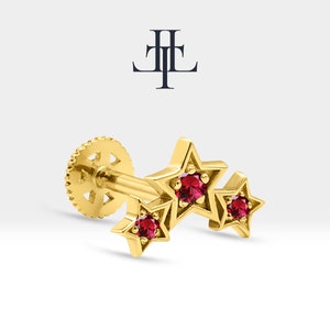 drievoudige sterpiercing met robijnrode schroefpiercing in 14K massief goud hemels kraakbeenpiercing 16G (1,2 mm) | LP00042R