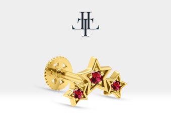 Triple Star Piercing with Ruby Screw Back Piercing in 14K Solid Gold Celestial Cartilage Piercing 16G(1.2mm) | LP00042R