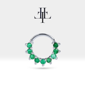 Cartilage Hoop Earring with Nine Pieces Emerald,Single Earring,May Birthstone Hoop Clicker in 14K Solid Gold,16G(1.2mm)| LC00006E