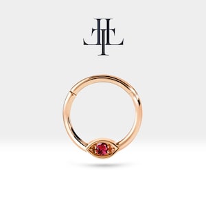 Evil Eye Cartilage Hoop Clicker with Ruby in 14K Solid Gold,Single Earring,16G(1.2mm)| LC00042R
