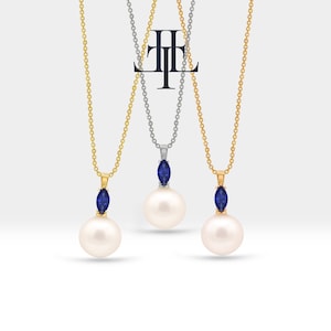 Collana di perle con zaffiro taglio marquise in oro massiccio 14K Collana di perle da sposa per gioielli da sposa da donna / LN00008PS immagine 1