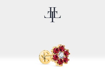 Cartilage Flower Design Piercing with Ruby and Diamond Screw Back Piercing in 14K White-Yellow-Rose Solid Gold 16G(1.2mm)8mm Length,LP00039R
