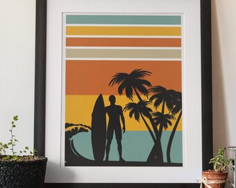 Retro Surfboard Sunset Print, Beach House Decor (Digital Download)