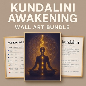 Kundalini Awakening Wall Art-bundel – Afdrukbare chakrakaart, spirituele definitieposter, decor energie-uitlijning
