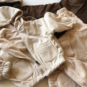 Reversible Bomber Hoodie Hoody Teddy / Corduroy Zip Up Jacket Coat Winter Toddler Boys Girls Unisex Baby Beige Brown