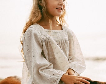 Vintage Inspired Girls Toddler Broderie Anglaise Organic Cotton Top Blouse Beach Casual Photoshoot Christmas Set (Skirt avail separately)
