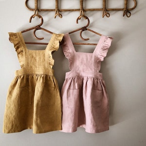 100% Linen Girls Pinafore Pinny Dress Mustard , Dusty Pink, Green and Orange for Toddler/Children/Kids in Size 1-2Y to 7-9Y