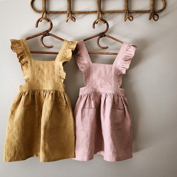 Robe pinny 100 % lin pour filles moutarde, rose poussiéreux et vert pour tout-petits/enfants/enfants en taille 1-2 ans à 7-9 ans