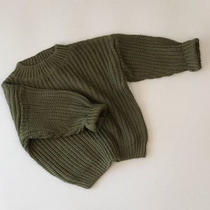 Child Toddler Kid Boys Girls Olive Green 100% Cotton Soft Knit Knitted Jumper Sweater Knitwear Gender Neutral Winter