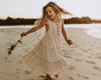 Kids / Toddler Girls Long Maxi Dress in Linen / Cotton Bohemian Summer Beach Style 6-12M to 6-8Y