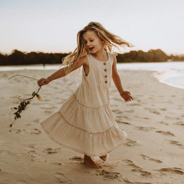 Kids / Toddler Girls Long Maxi Dress in Linen / Cotton Bohemian Summer Beach Style 6-12M to 6-8Y