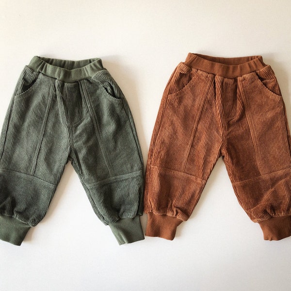 Boys Girls Corduroy Cord Pants Lines with Fleece Lining Brown Green Sizes 1 - 7