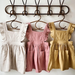 100% Linen Girls Pinafore Pinny Dress Mustard , Dusty Pink, Green and Natural Beige for Toddler/Children/Kids in Size 1-2Y to 8-10Y