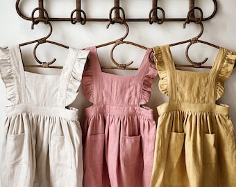 Vestito a grembiule in lino al 100% per bambine, color senape, rosa antico, verde e beige naturale, per bambini piccoli/ragazze, taglie da 1-2 anni a 8-10 anni