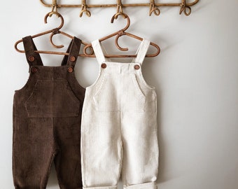 Childrens Boys Girls Chunky Corduroy Pocket Overalls Cord Dungarees Size 6 months to 5-7 Years Cream Brown Green Yellow