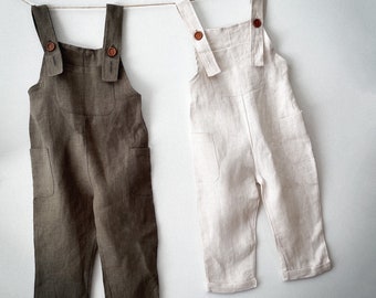 Stone Washed Linen Overalls / Dungarees in Deep Olive & Natural Childrens Boys Girls Pocket Overalls Size 6 months to 5-7 Years