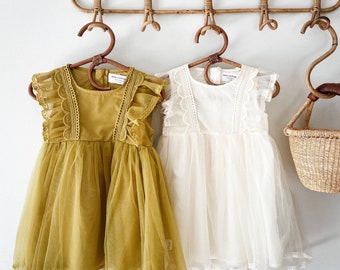 Girls Toddler Girl Kid Child Party Tulle Special Occasion Dressy Dress Flower Girl Ivory Mustard Party Birthday Photoshoot