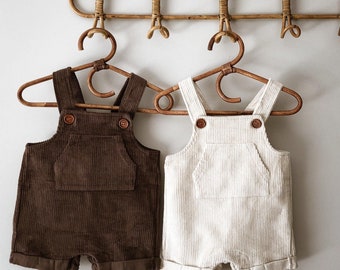 Kids Boys Girls Unisex Toddler Short Overalls Dungarees Shortall Romper Corduroy Cord Brown Cream Green Sizes newborn to 2-3 Photoshoot