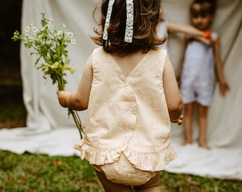 Toddler Girl Child Buttercup Yellow GOTs Organic Summer Button Up Blouse & Bloomer Set Floral Ditsy Pattern for Photoshoot, Birthday, Beach