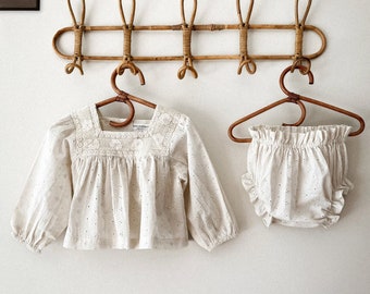 Toddler Baby Girl Organic Cotton Broderie & Lace Top Blouse with Bloomers Set Vintage Inspired Summer Beach Wear Photoshoot First Birthday