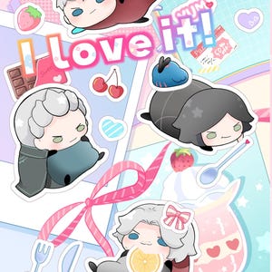 以下が含まれることがあります： 様々なキャラクターと食べ物をテーマにしたステッカーが描かれたカラフルなイラスト。「I love it!」の文字が目立つ。さくらんぼ、ピザ、イチゴソーダ缶などがパステルカラーの背景に配置されている。
