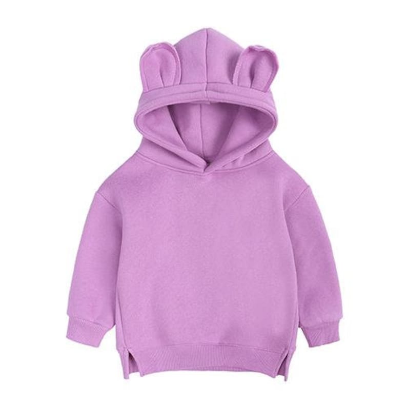 May include: A lavender-colored children's hoodie with a hood featuring bear ears. The long-sleeved sweatshirt has a kangaroo pocket and ribbed cuffs and hem. The hoodie is made of a soft, comfortable material.
