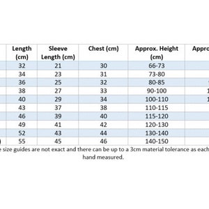 May include: A white chart with black text detailing children's clothing sizes. The chart includes measurements for length, sleeve length, chest, approximate height, and weight in centimeters and kilograms. Sizes range from 6 months to 12 years.
