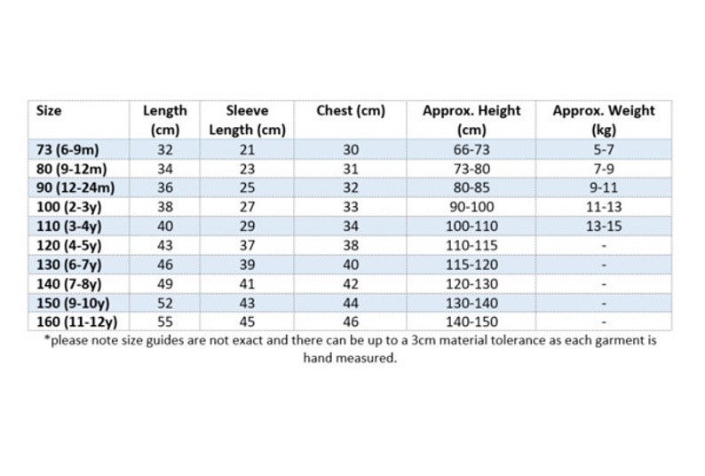 May include: A white chart with black text detailing children's clothing sizes. The chart includes measurements for length, sleeve length, chest, approximate height, and weight in centimeters and kilograms. Sizes range from 6 months to 12 years.