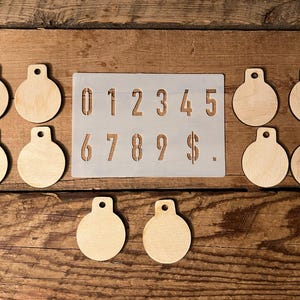 Set of Ten Wooden Cow Tags, Blank Wood Cow Tags and Stencil, Wood Cow Tag, Wooden Cow Tags, Unpainted Tags, Unfinished Wood Tag,