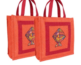 Personalised, Hand Embroidered Jute Gift Bag (Set of 2), Embroidered Jute Bag, Handmade Bags, Gift Bags, handicraft bag