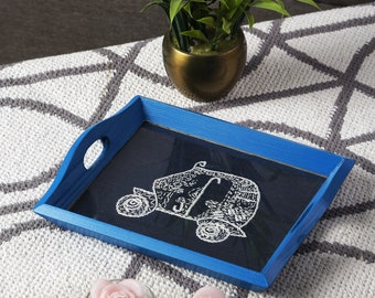 Blue Hand Embroidered Wooden Serving Tray/Glass Tray for Dining Table