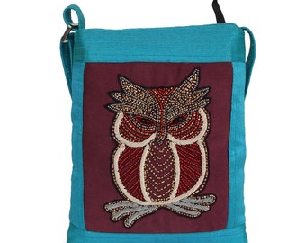 INDHA Sling bag with Hand-embroidered Owl motif | Upcycled Fabric | College Bag | Corporate Giveaway | Eco-friendly bag | Handmade product