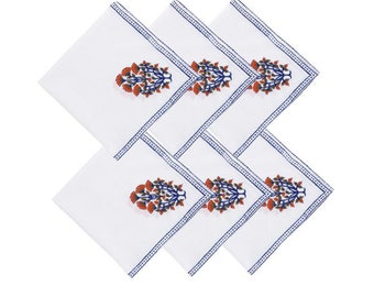 White Colour Cotton Hand Block Printed Dining Table Napkin(Set of 6)