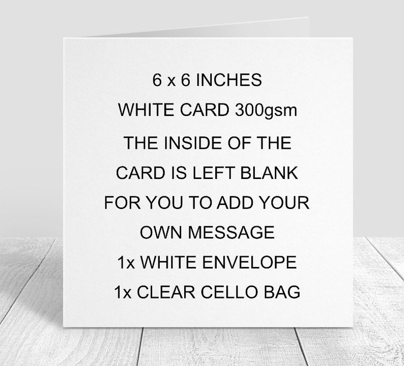 Pu&ograve; includere: Un biglietto di auguri bianco, di 15 x 15 cm, con testo che descrive le sue caratteristiche. Il biglietto &egrave; 300 g/m&sup2;, con interno bianco per un messaggio personalizzato. Include una busta bianca e un sacchetto di cellophane trasparente.