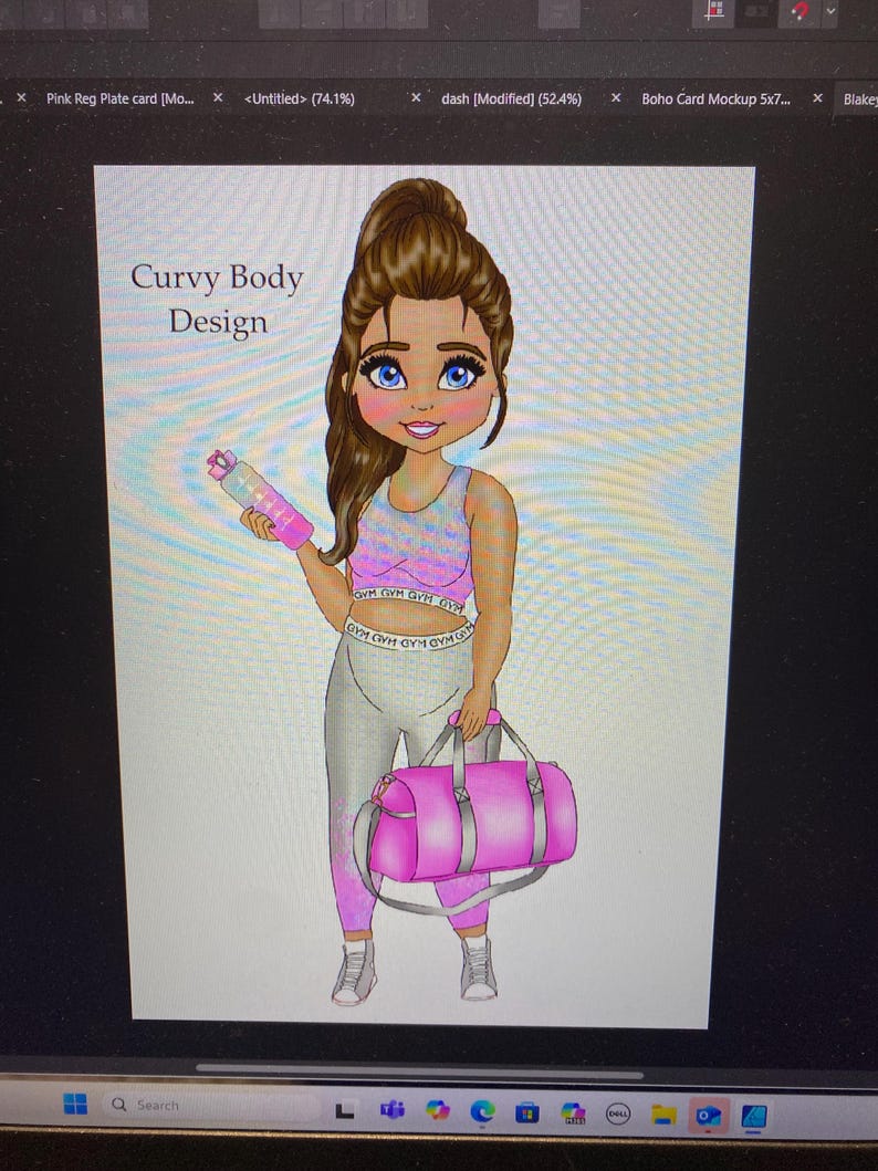 Może przedstawiać: Ilustracja Curvy Body Design przedstawiająca kobietę w r&oacute;żowo-szarym stroju sportowym trzymającą butelkę wody i r&oacute;żową torbę sportową.
