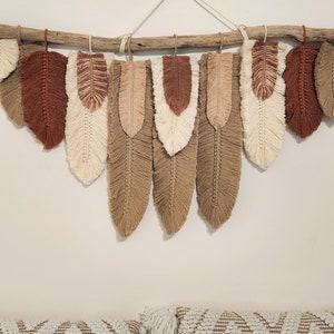 Handmade macrame feathers wall hanging leaves home decor terracotta cream mocha brown