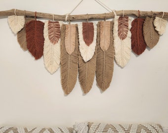 Handmade macrame feathers wall hanging leaves home decor terracotta cream mocha brown