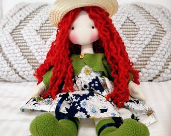 Handmade Doll: Charming Country Side Girl with Red Hair, Floral Dress, and Straw Hat - Perfect for Collectors and Imaginative Play