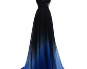 Blue Ombre Embellished One Shoulder Long Prom Dresses with Bands Back