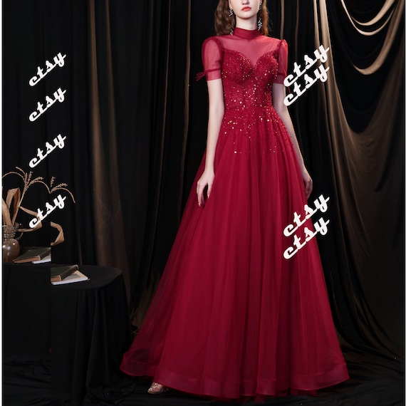 High Illusion Sequin Red Princess Prom Gowns Long with Short Sleeves