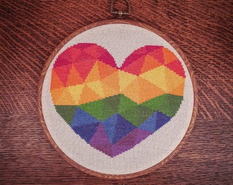 Hand made rainbow, pride heart, cross stitch, wall art, home decor, love, bespoke embroidery