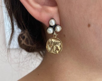 Antique Coin and Pearl Earrings