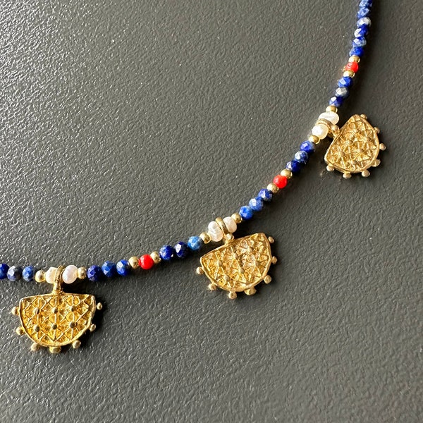 Hittite Sun Necklace with Lapis Lazuli Stone, 925 Sterling Silver, 24K Gold Plated, Handmade, Antique Jewelry, Gemstone Necklace