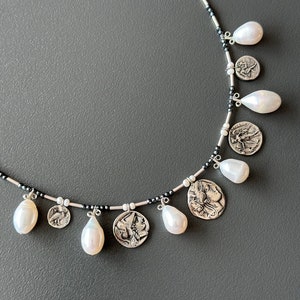 Antique Coin Necklace, Drop Pearl Necklace, Ancient Coin Necklace, Helenistic Necklace