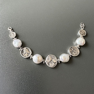 Pearl and Antique Coin Bracelet, Baroque Pearl Bracelet,Natural Pearl Bracelet, Handmade silver Bracelet