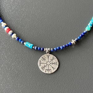 Vegvisir Necklace With Lapis Lazuli Stone, Vegvisir Compass Silver Necklace, Silver Viking Compass Necklace, Vikings Protection Amulet