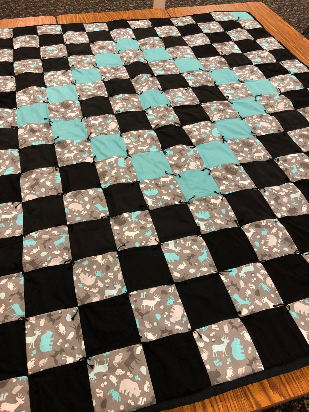 New Handmade Queen Quilt Blackteal and Gray With Forest Etsy