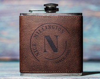 Personalized Hip Flask: Engraved Brown PU Leather, Groomsmen Gift